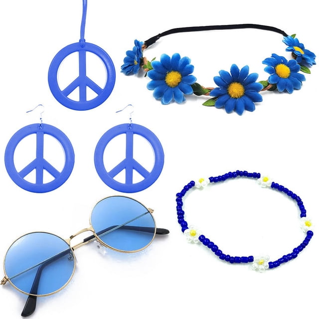 Gafas de carnaval hippies bohemias y pendientes con el logotipo del símbolo de la paz, collar, corona y diadema
