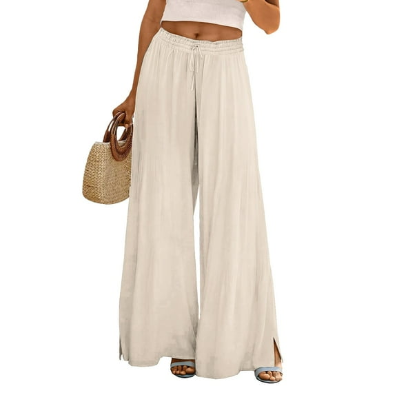 IDALL Linen Pants Women Wide Leg Pants Woman Lounge Pants Women Women's Summer Pants 2024 High Waist Wide Leg Floral Casual Cotton Casual Pants Baggy Pants High Waisted Pants Beige L