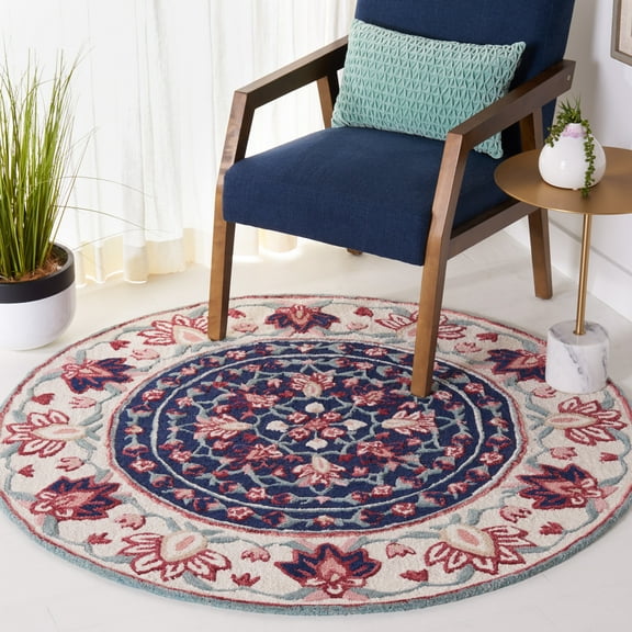 SAFAVIEH Bellagio Vanessa Floral Wool Area Rug, Navy/Ivory, 5' x 5' Round