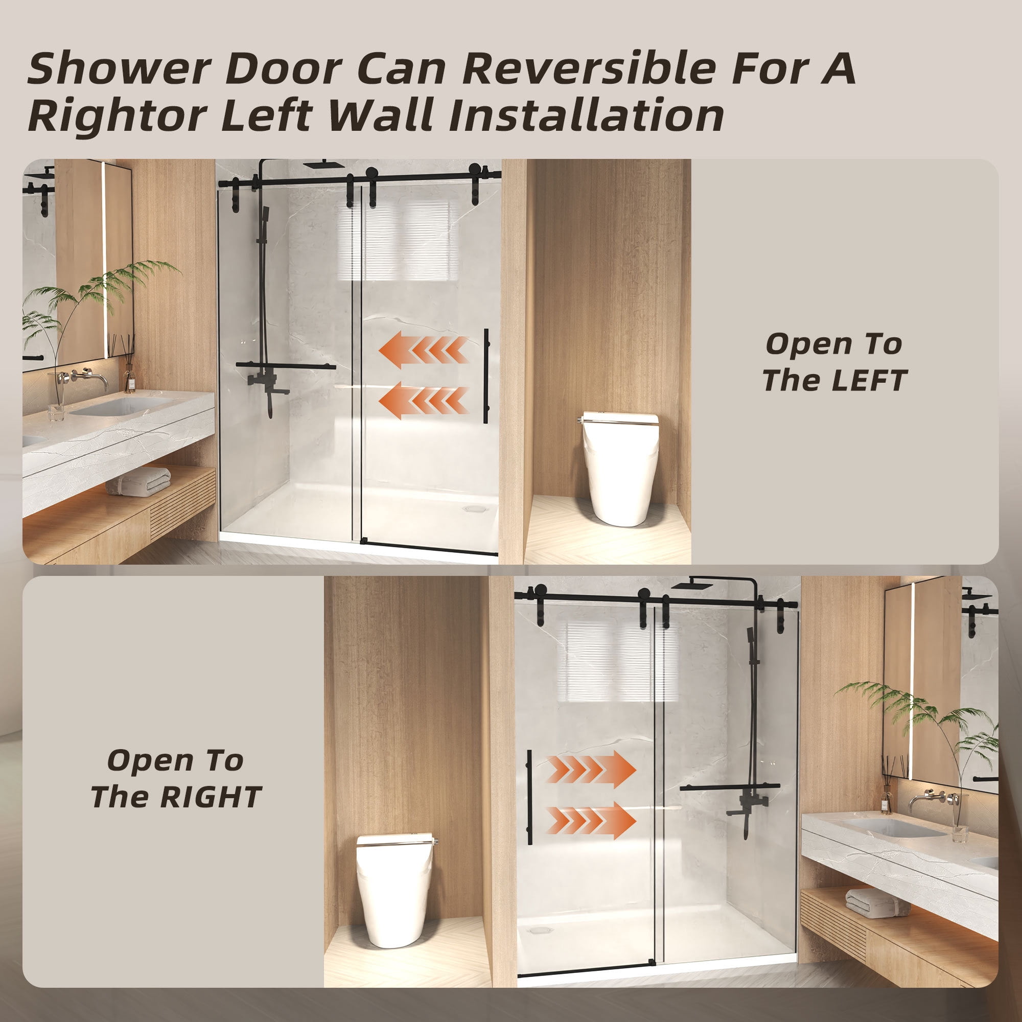 Leumius 50-54" x 76" H Frameless Sliding Shower Door,5/16" Clear Tempered Glass Sliding Shower Door,Stainless Steel Frame,Matte Black