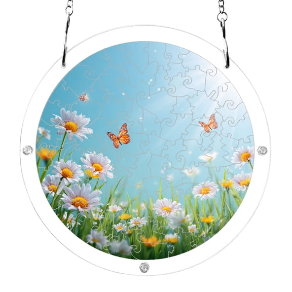 Butterflies Sunshine Daisies Flower Field Acrylic Jigsaw Puzzles 83 Pieces Suncatcher for Window Hanging 7.5 Inch Holiday Home Decor