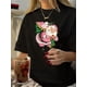 thumbnail image 1 of Women's Vintage-Inspired Santa Graphic T-Shirt - Casual Round Neck, Short Sleeve, Polyester, Machine Washable, Black with Pink & Green Holiday Print - Perfect for Summer, Christmas Tshirt, 1 of 7