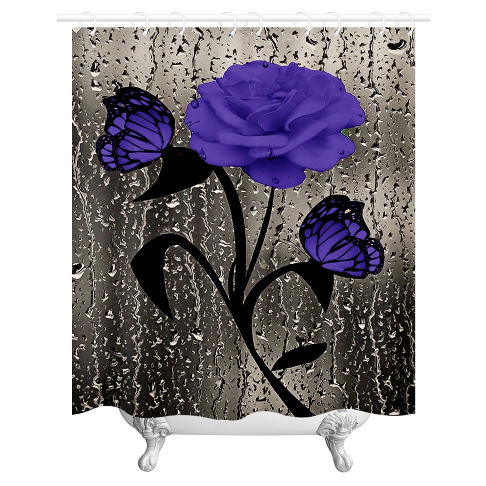 4 Pcs Bathroom Shower Curtain Set Blue Rose Shower Curtain Bathroom Sets Valentine's Day Shower Curtain Sets with Rugs(Bath Mat,U Shape and Toilet Lid Cover Mat) and 12 Hooks