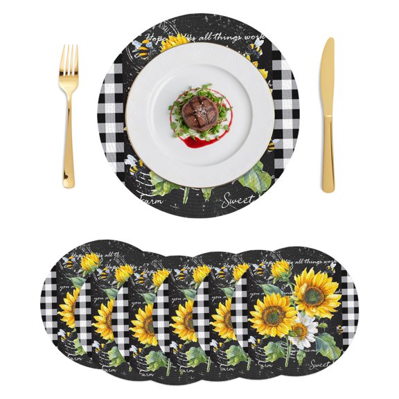 Round Placemats Bee Sunflower 15 inch Set of 6 Table Mats for Dining Table Farmhouse Black Buffalo Plaid Heat Resistant Non-Slip Kitchen & Home Decorative Place Mat Set
