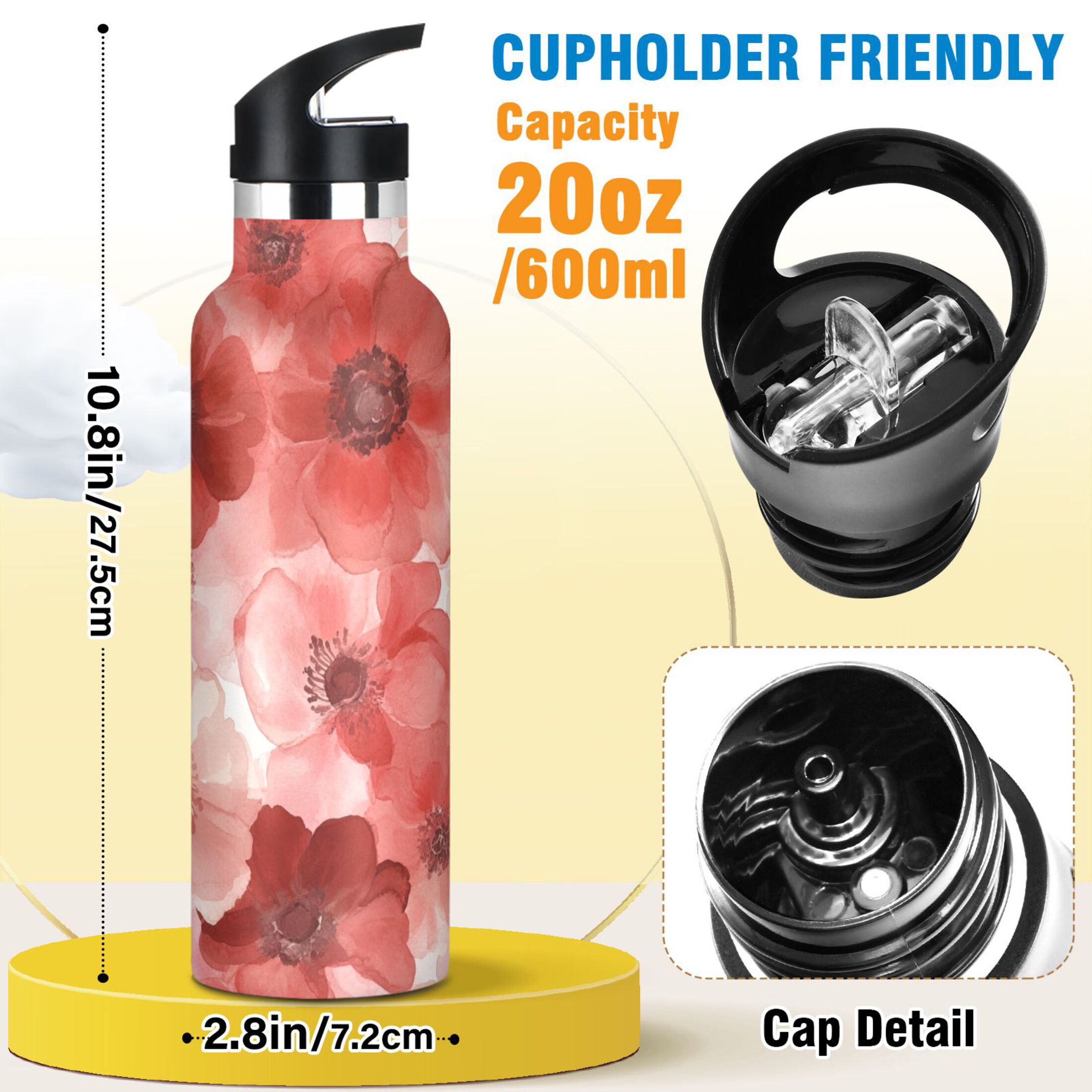 600ML Stainless Steel Insulated Cup Sports Water Bottle Portable Thermos Cup Water Glasses Insulated Tumblers Convenient and Durable Vibrant Flowers