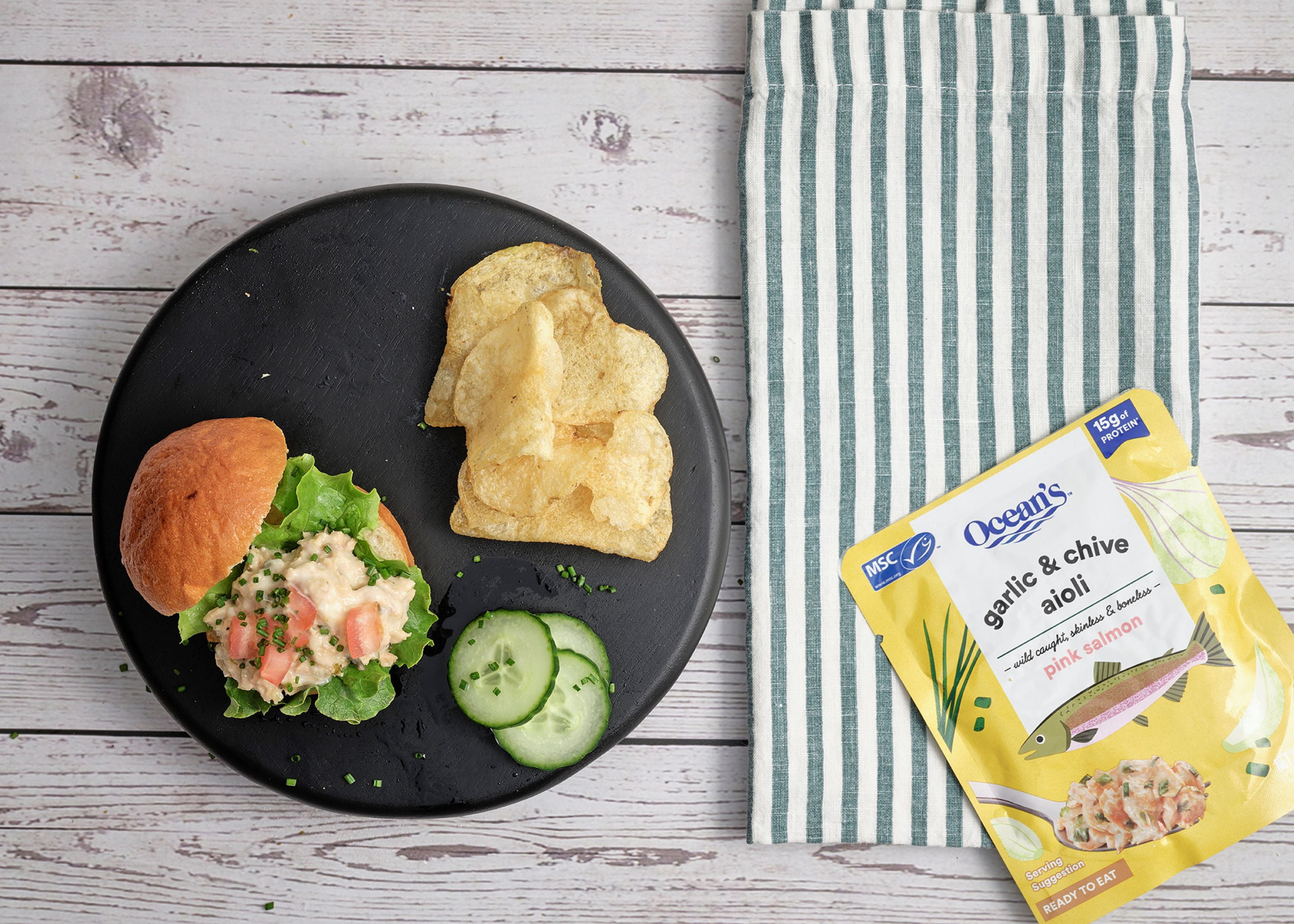 (3 pack) Ocean's Wild Alaskan Pink Salmon, Garlic & Chive Aioli, 15g Protein, Shelf-Stable, 3.17 oz Pouch