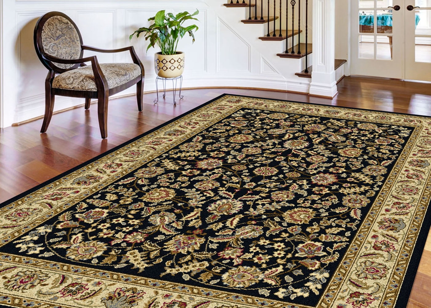 Black Traditional Oriental Bordered Area Rug Vines Leaves Multi Persien Carpet 