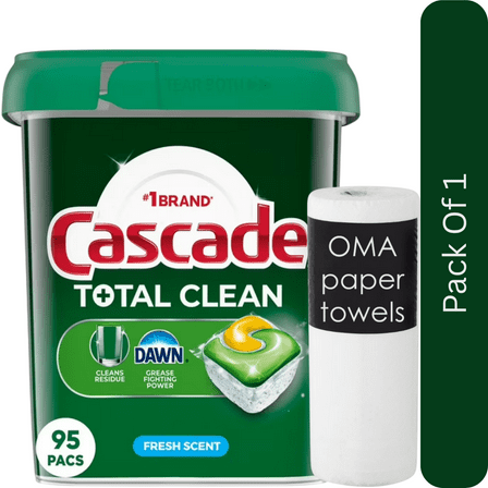 Cascade Total Clean ActionPacs Dishwasher Detergent – Fresh Scent (95 Count)-With Paper Towel By OMA