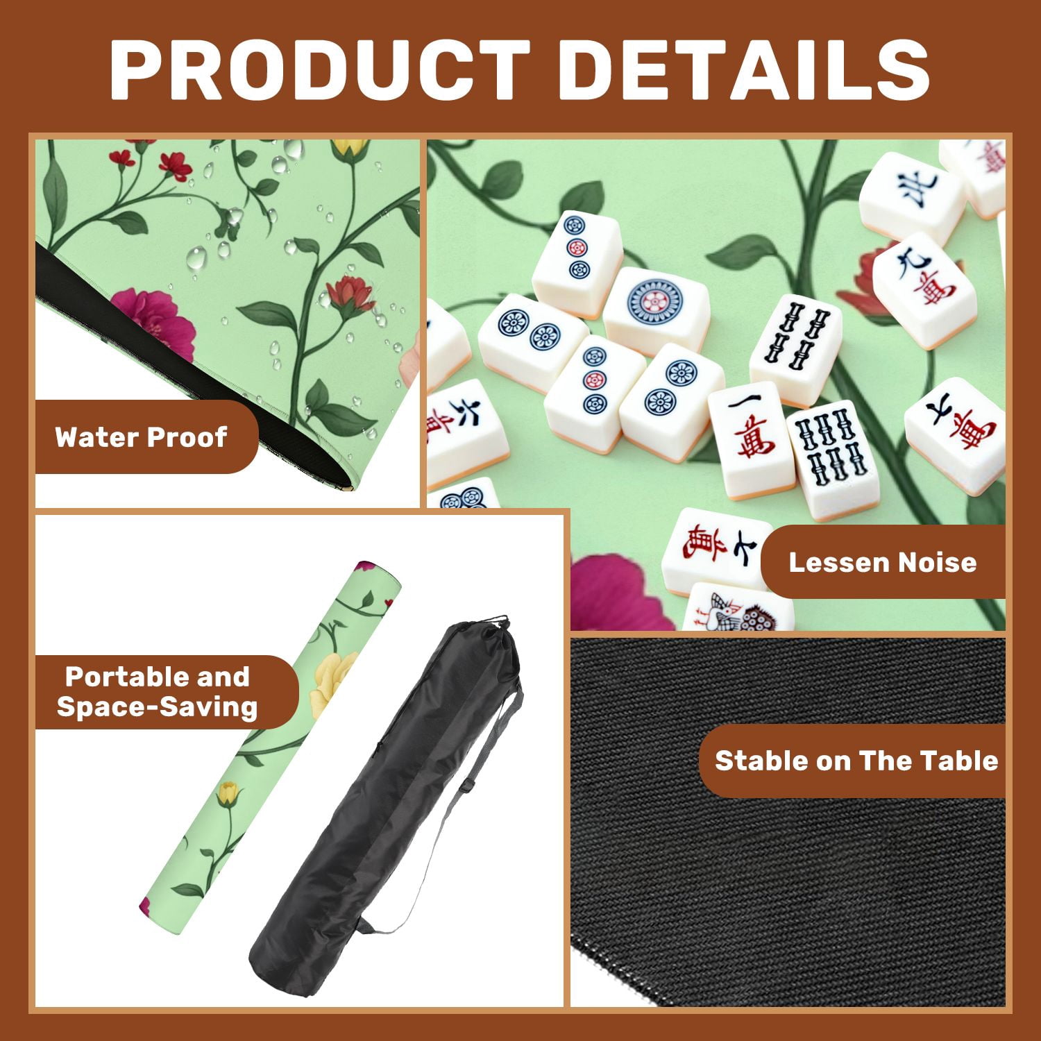 Mahjong Mat 31.5" x 31.5" Elegant Floral Colorful Blooms Green Vines Pastel Non-Slip Noise Reduction American Mahjong Tiles Table Cover for Dominoes Poker Card Board Games Gift