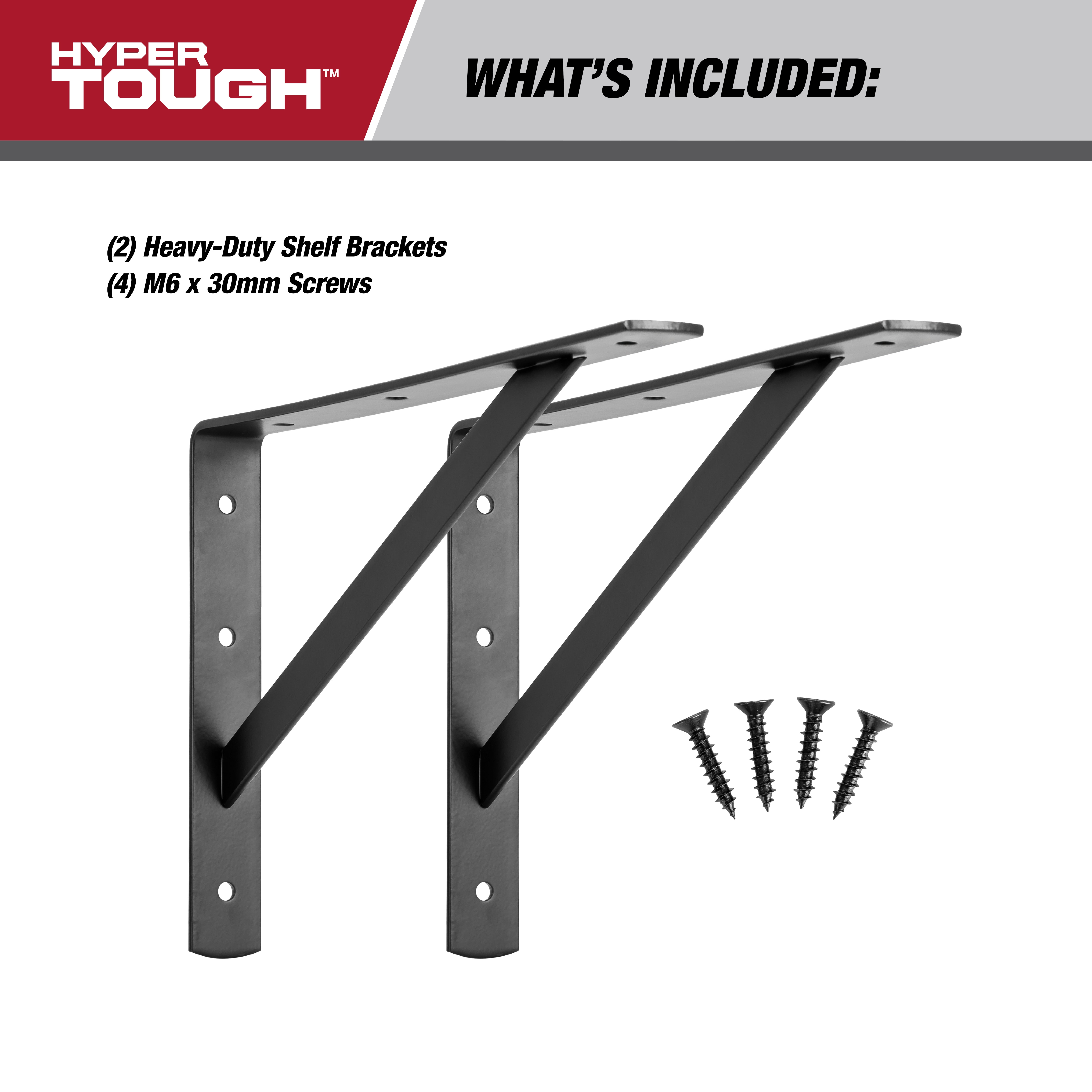 Hyper Tough Heavy Duty Shelf Bracket, Steel, 12 inch, Black, 2-Pack