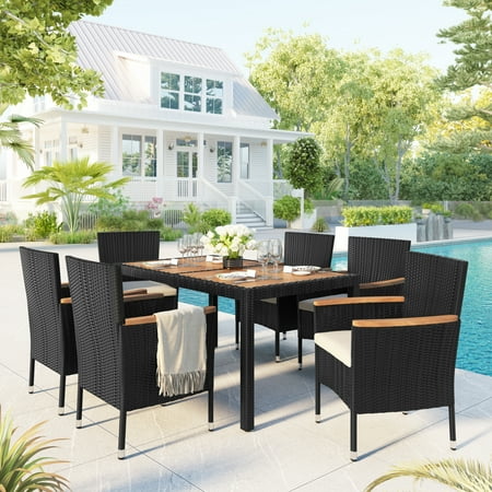 7 Piece Outdoor Dining Set All Weather PE Wicker Dining Table Set Patio Rattan Furniture Set with Rectangular Acacia Wood Table Top and 6 Cushioned Chairs for Backyard Poolside Balcony D7334