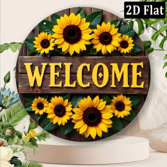 2D Flat 1pc Decorative Signs Plaque 8x8 inchRound Welcome Sunflower Wreath Sign - Farmhouse Wall Decor, Vibrant Yellow Sunflowers Green Foliage Design, Durable Metal Door Hanging for Porch, Patio