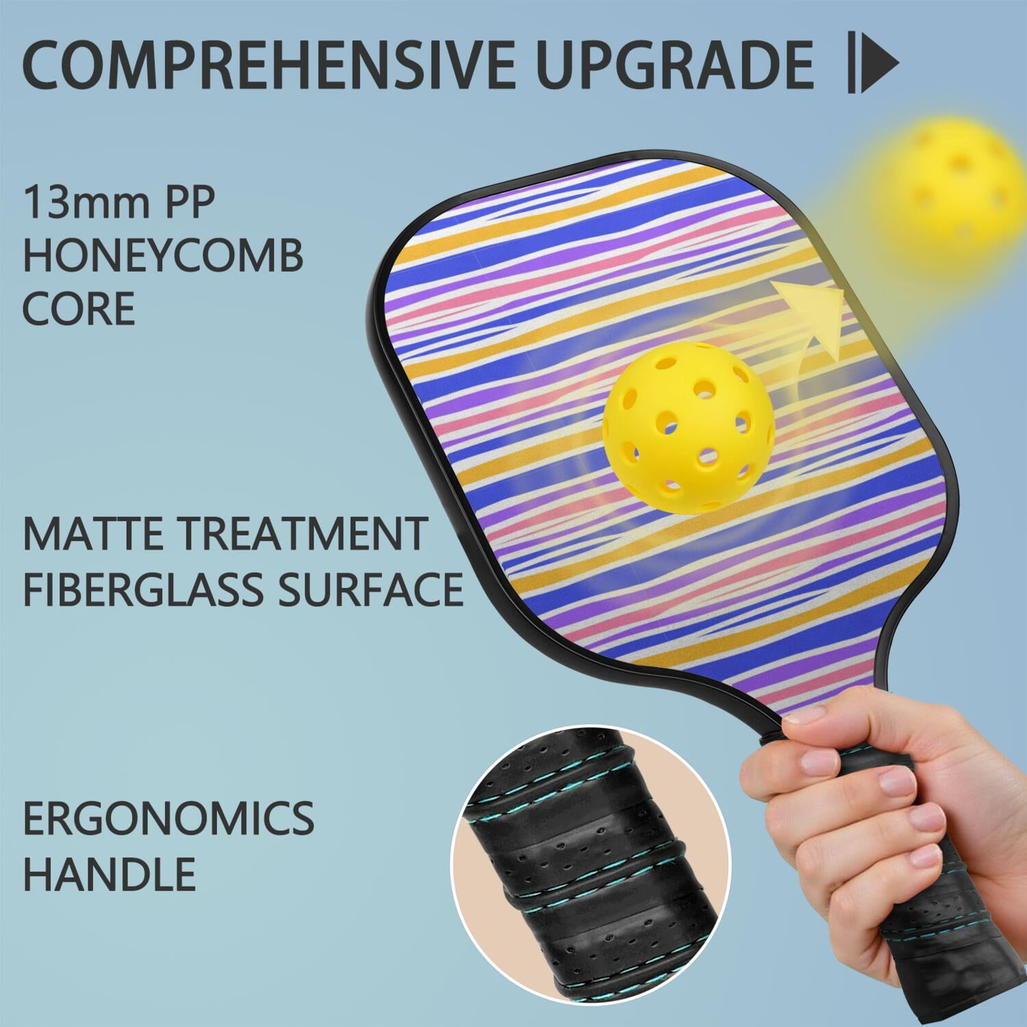Pickleball Paddles Set Of 1, Fiberglass Surface, Colorful Lines Print, 1 Paddle, 2 Balls & Bag
