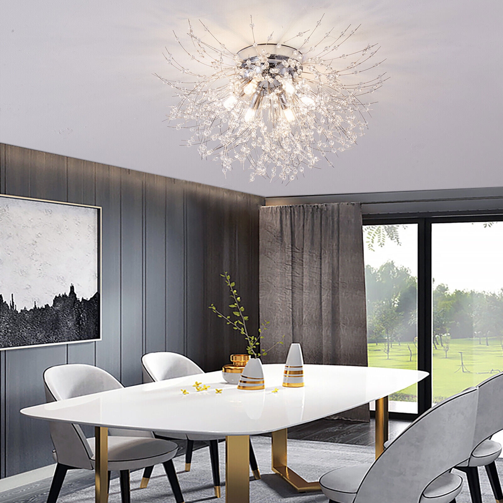 Silver Crystal 6-light Firework Ceiling Light for the Living Room, Dining Room, Study Bedroom 6-light Firework Ceiling Light