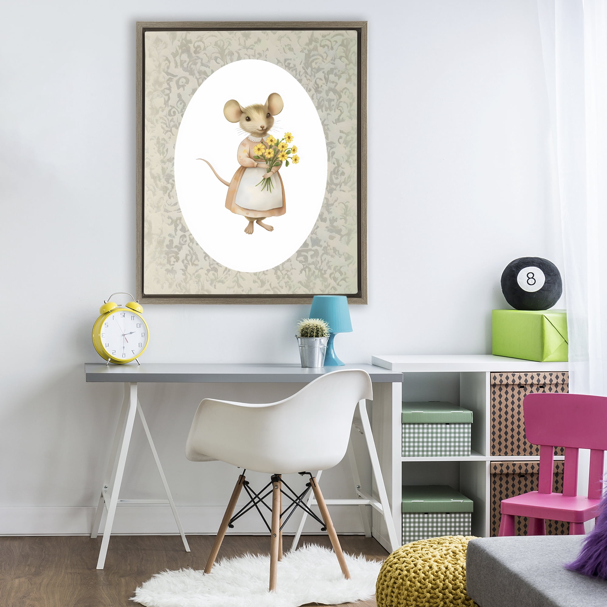 Stupell Industries Little Mouse with Flowers Brown Framed Floater Canvas Wall Art, design by Arlington Prints