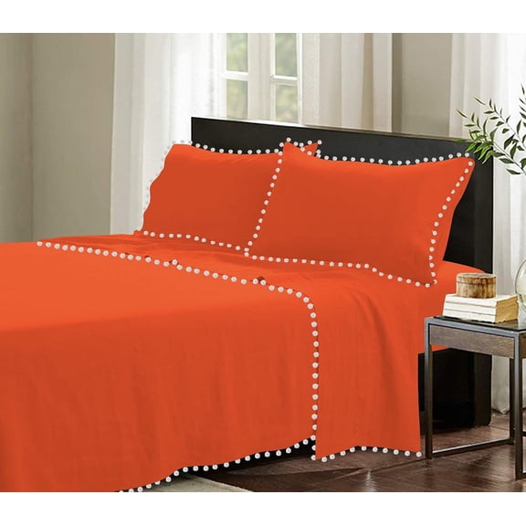 D.N.G. BEDDINGS 4 Piece Pom Pom Sheet Set 10 Inch Deep Pocket, White Pom-Pom Fringe Solid Pattern, 800 Thread Count 100% Egyptian Cotton (Solid Orange Color, Queen Size)