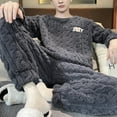 thumbnail image 6 of comerut 2 Pcs/Set Men Winter Pajamas Set Round Neck Long Sleeve Thick Twisted Texture Loose Elastic Waist Warm Soft Pockets Solid Color Men Homewear Top Pants Set, 6 of 7