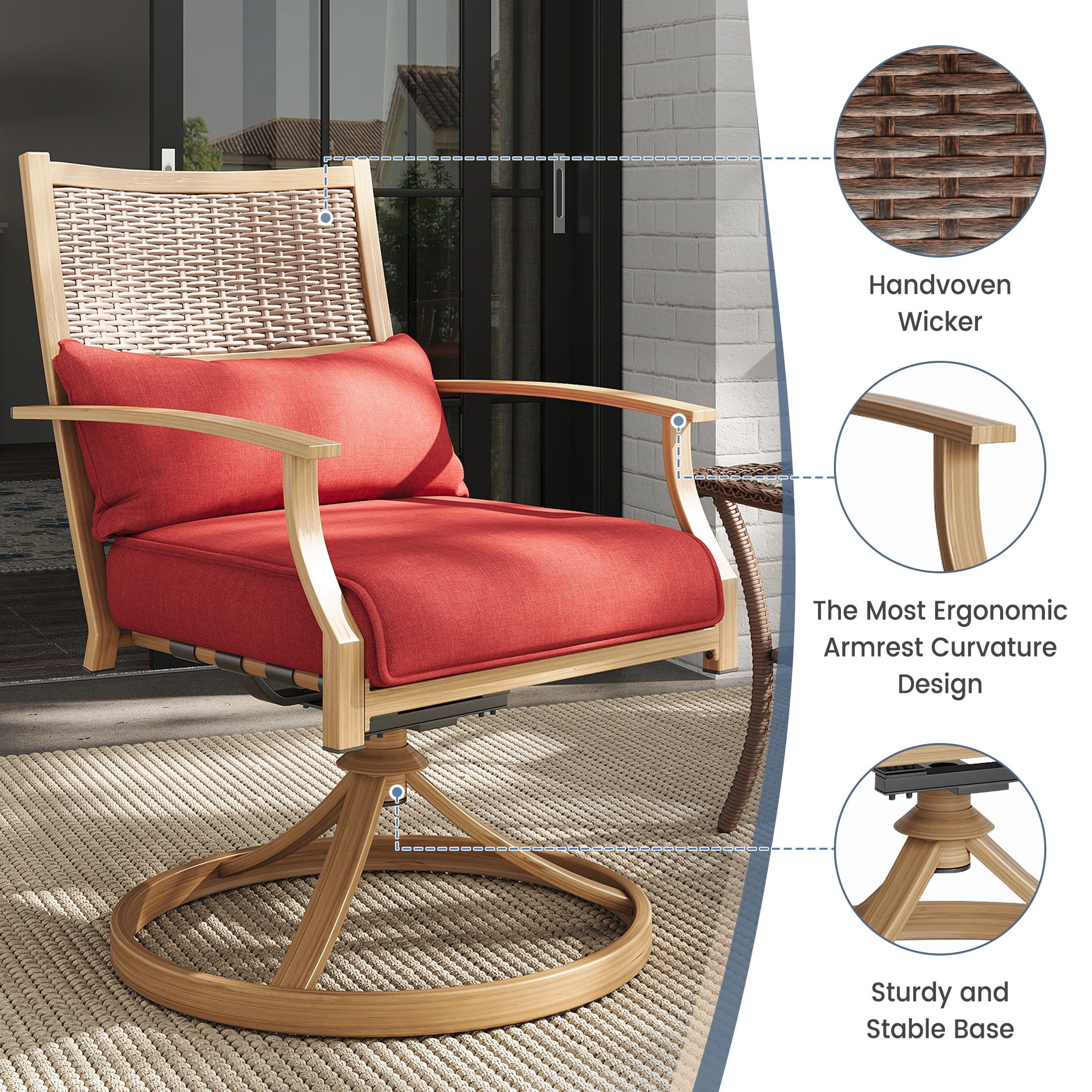 Poteban Patio Swivel Chairs Set of 2, Outdoor Dining Chairs with Deep Seat Cushion, All Weather Swivel Rocker Chairs with Hand-Painted Metal Frame, for Backyard Deck Lawn (Red)