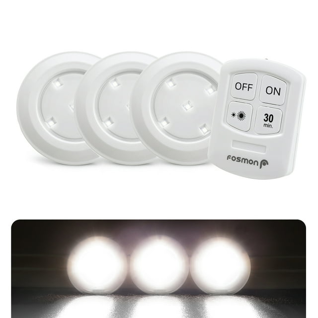 Fosmon Wireless LED Puck Light 3 Pack with Remote Control, Under Cabinet Lighting for Kitchen Closet Bedroom Bathroom