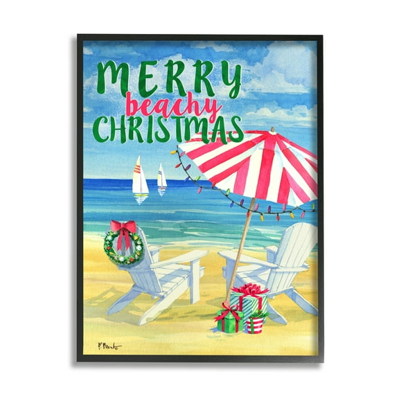 Stupell Industries Merry Beachy Christmas Holiday Painting Black Framed Art Print Wall Art, 11 x 14