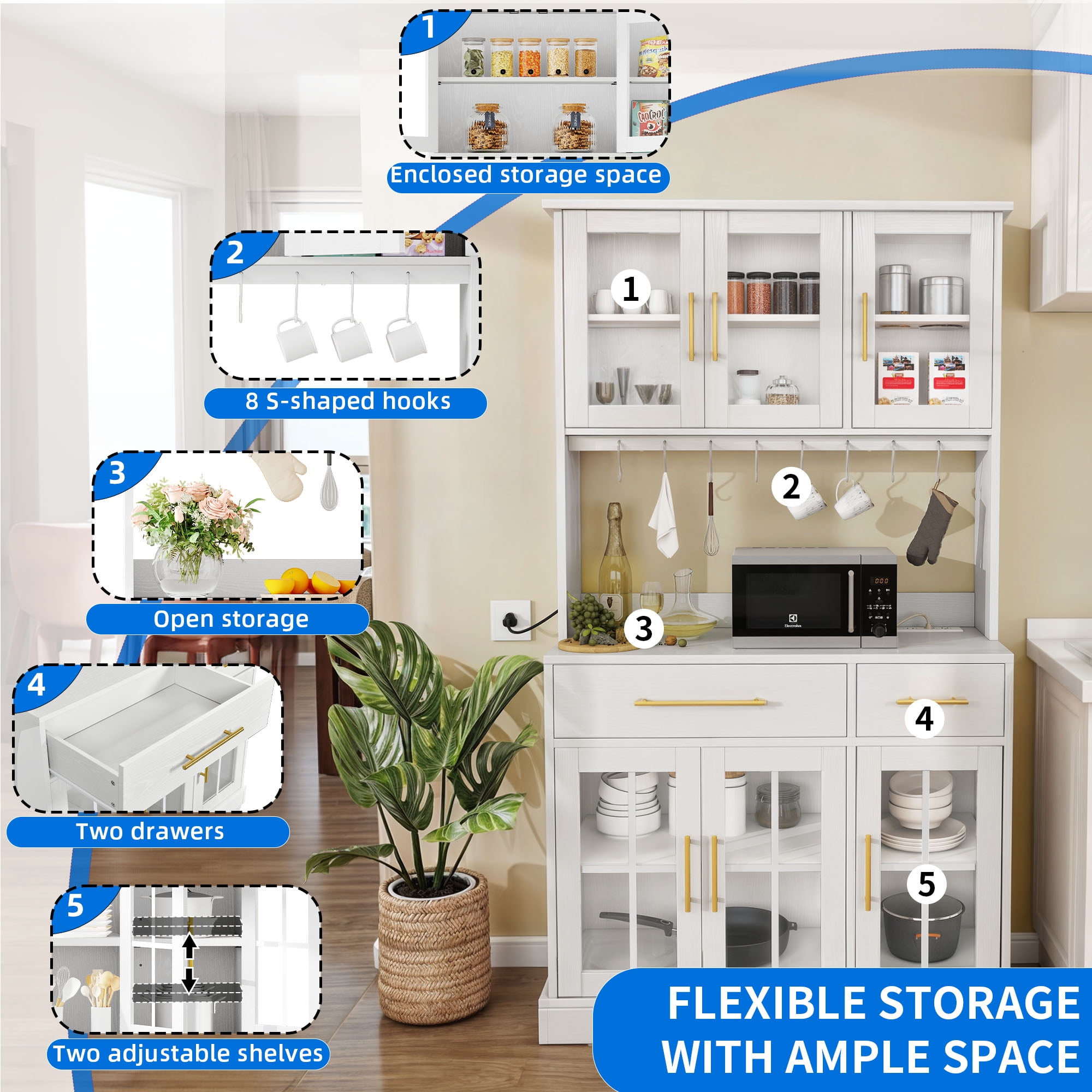 DEXTRUS Freestanding Pantry Cabinet With Door And Power Outlet, 2 Drawers, White, 71 Inch