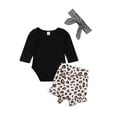 thumbnail image 1 of Baby Girls Knit Outfits Set Romper Letters Cotton Romper Top Floral Leopard Pants 3pcs Clothes, 1 of 7