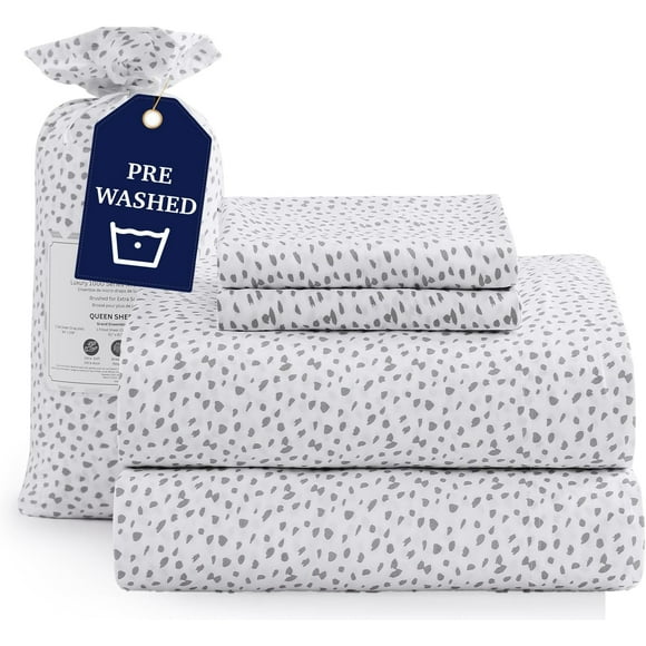 shiyou-Twin XL Sheet Set - Oxygen-Washed Ultra-Soft Microfiber Bed Sheets - Double Brushed Breathable Bedding - Hypoallergenic, Deep Pocket (White Grey Dot, Twin XL)
