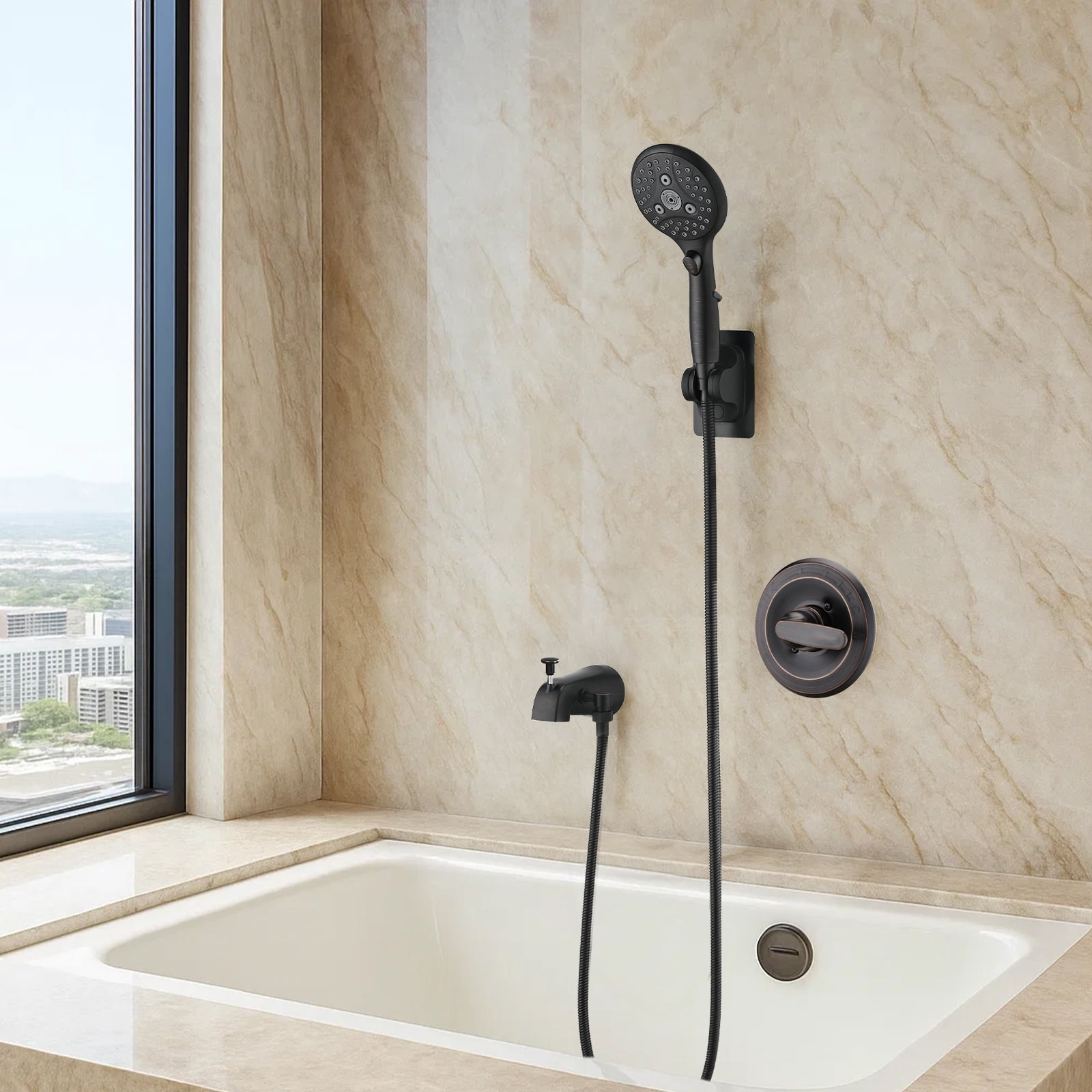 Freestanding Bathtub Faucet Lift-Up Diverter Tub Spout with 6 Settings Handheld Shower in Oil Rubbed Bronze (Rough-in Valve Not Included),Freestanding Tub Filler