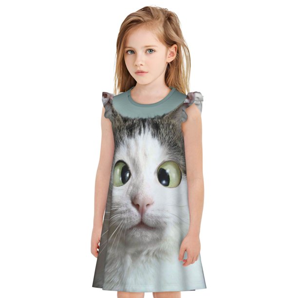 Fotbe Funny Cat Vestido de Dormir para Niñas de 3 a 10 Años, Mangas Cortas, Estilo Princesa, Pijama Camisón con Mangas Voladas-Large