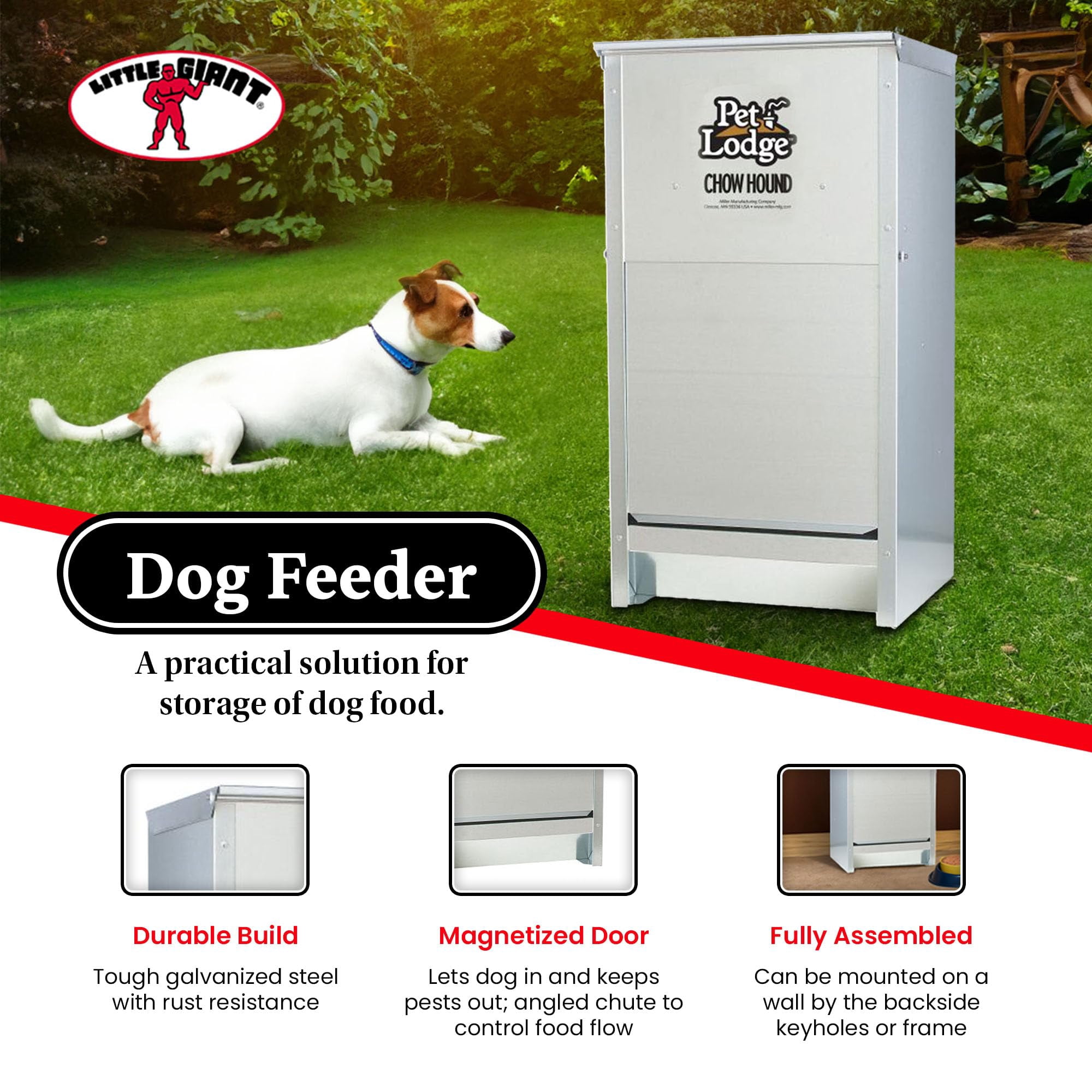 Chow Hound Automatic Dog Feeder 25LB Capacity Heavy Duty Steel Indoor Outdoor Pet Dispenser with Magnetized Door Angled Chute Wall Mountable Silver