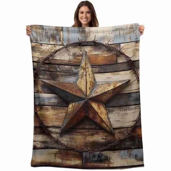 Vintage Farmhouse Barn Star Throw Blankets, Rustic Wood Textured Striped Soft Fleece Blanket Decorative for Home Sofa Couch Chair Living Bedroom, 50x60 inches,