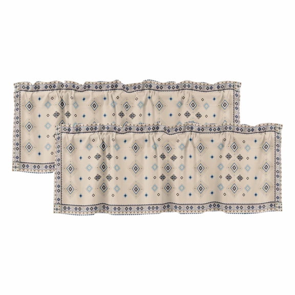 Boho Geometric Curtain Valances for Windows, Kitchen Valance Window Treatments Panel 2 Pack, Retro Rustic Chic Ethnic Abstract Patterned Rod Pocket Short Curtains for Bathroom Bedroom 42 x 12 Inch