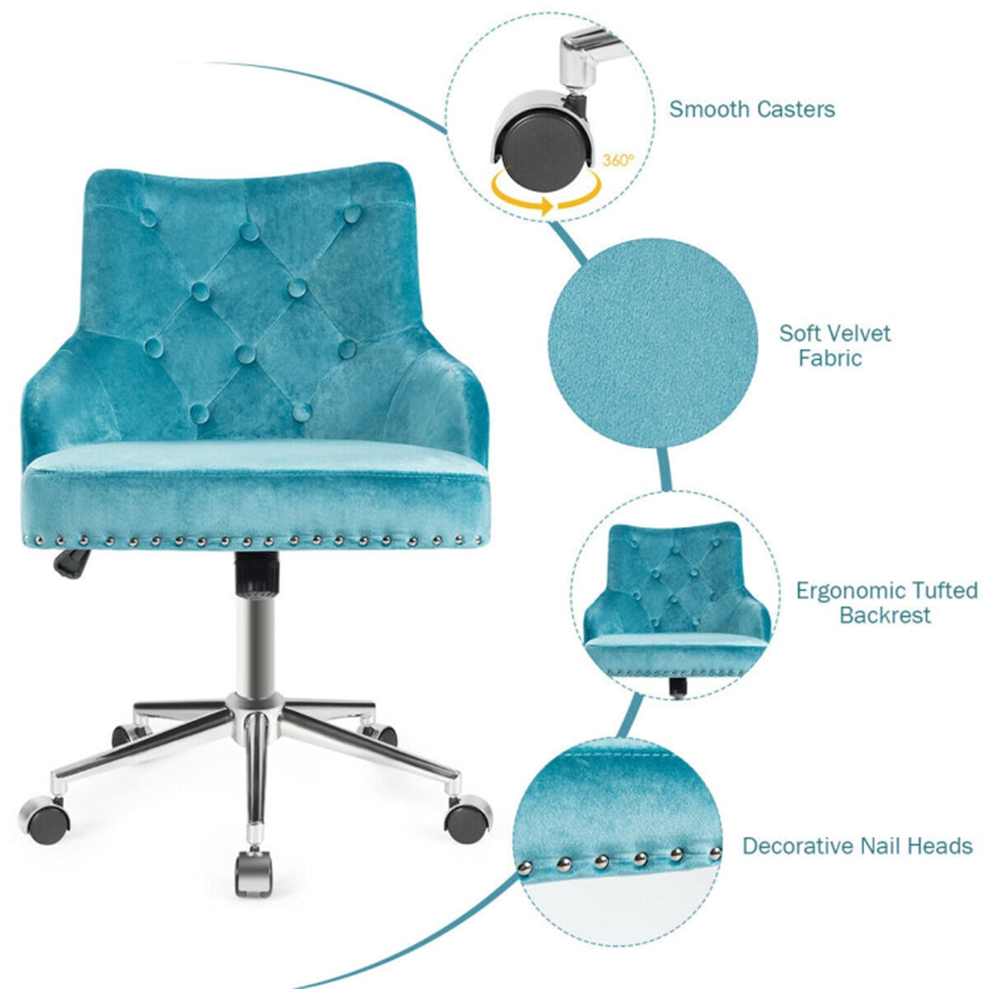 Demi Bonn Tufted Upholstered Swivel Computer Desk Chair with Nailed for Home, Bedroom, Study, Rolling Work Computer Office Chair, Turquoise