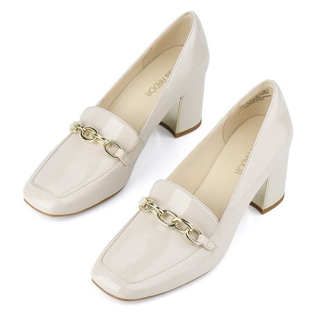 JENN ARDOR Chain Loafer for Women Chunky High Heel Loafer Pumps Classic Block Heels Square-Toe Chain Fashion Casual Office Shoes Natural