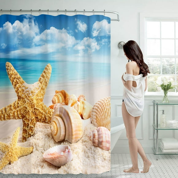 Wefuesd Ocean Beach Print Shower Curtain 70X70 Inch With 12 Hooks Waterproof Shower Curtain Bathroom Heavy Side Shower Curtain Machine Washable Quick Dry Multi-Color 180X180Cm