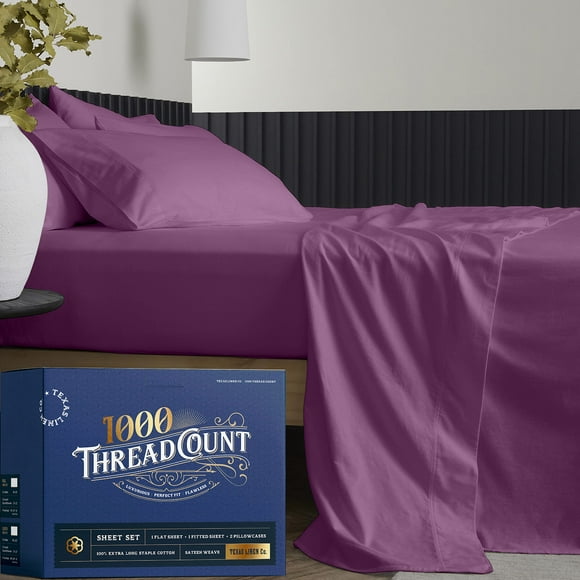 TEXAS LINEN CO. Pure King Size Cotton Bed Sheets Set (King, 1000 Thread Count) Plum Sheets and Pillow Cases (4 Pc) - Cotton Sheets King Size Bed- Sateen Weave Sheets- 16