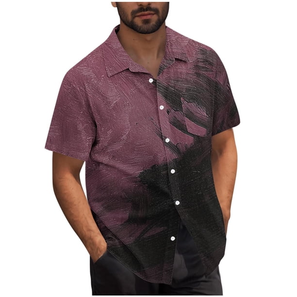 Mens Casual Manga Corta Botón Abajo Camisas Turndown Cuello Blusa de Impresión, Poliéster Ligero Top de la Moda para el Verano Al Aire Libre Y el Uso Diario