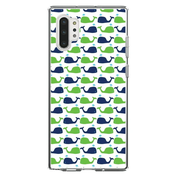 DistinctInk Clear Shockproof Hybrid Case for Galaxy Note 10 PLUS (6.8" Screen) - TPU Bumper, Acrylic Back, Tempered Glass Screen Protector - Green Navy Cartoon Whales - Cartoon Whales