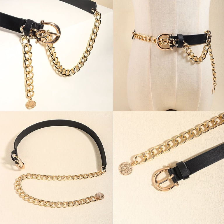 Faux Leather Oversized Chain Belt Wide Black Faux Leather Cinch Belt With Silver Chains  main image 4