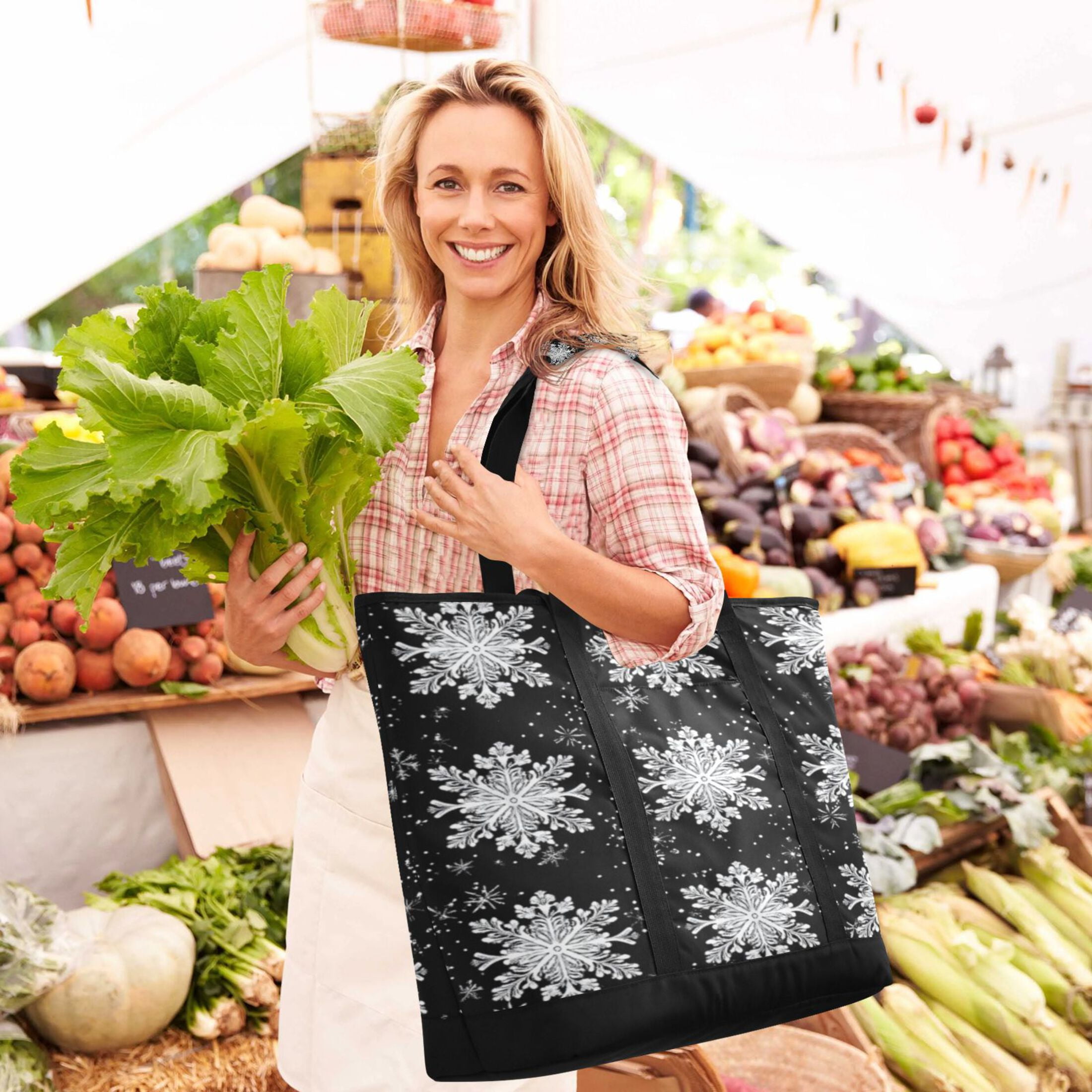 Large Hand-held Ice Pack Picnic Bag Insulation and Refrigeration Suitable for Shopping Picnics and Camping Winter Black Snowflakes