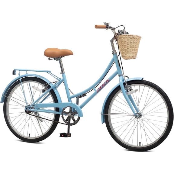 ACEGER 24 inch woman bike, single speed bicycle with rattan basket and rear rack, blue