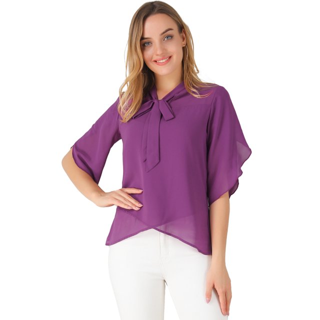 INSPIRE CHIC Blusa De Gasa Dobladillo Asimétrico En Capas Cuello Anudado Top Suelto Para Mujer Púrpura M