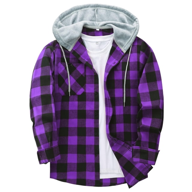 Chaqueta tipo camisa de franela con capucha ZITY para hombre, color negro y morado, talla L
