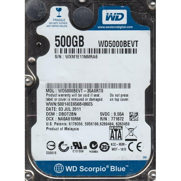 WD5000BEVT-35A0RT0, DCM DBOT2BN, Western Digital 500GB SATA 2.5 Hard Drive