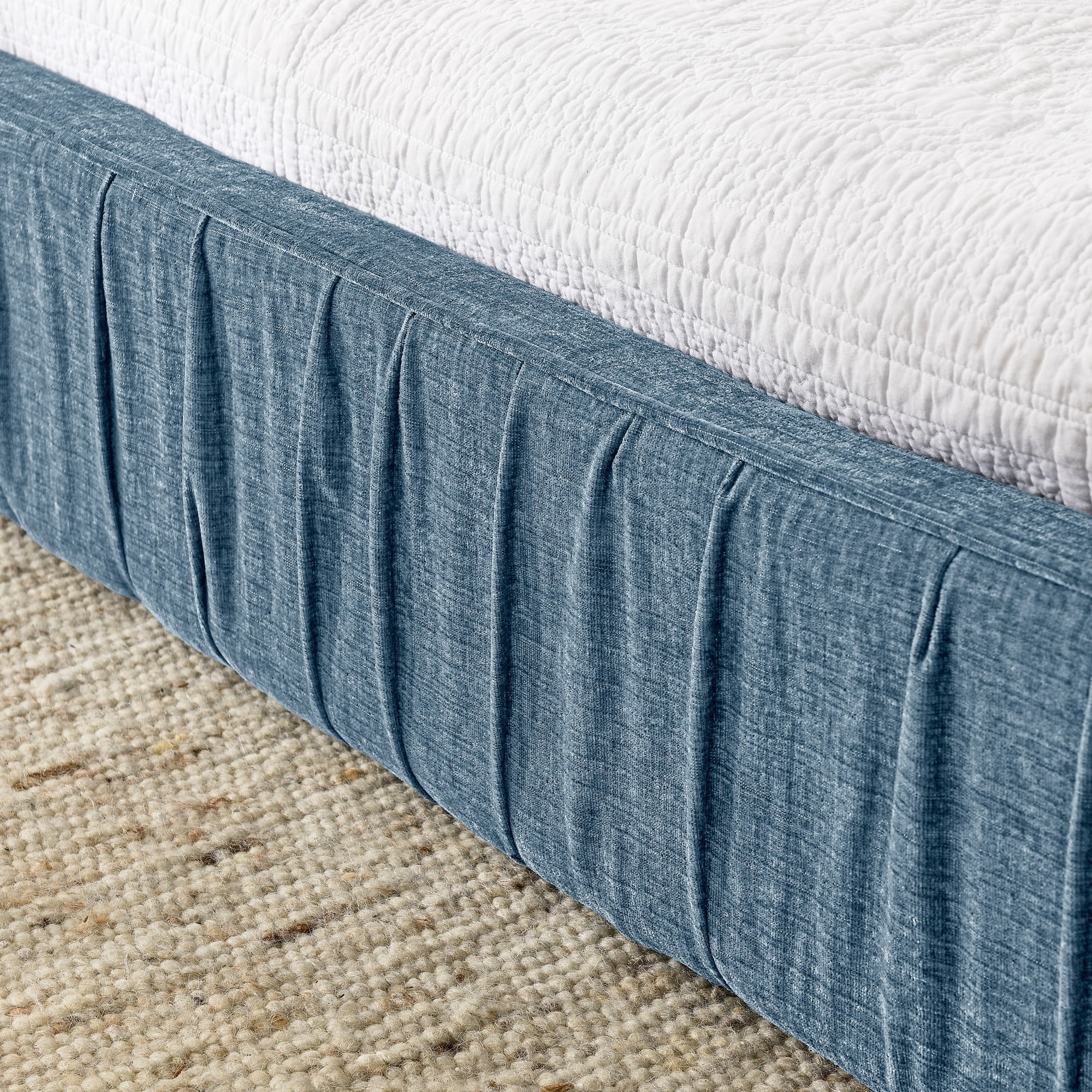 Aukfa Queen Size Upholstered Bed Frame, Low Profile Grounded Bed, Chenille Fabric Pleated Design Platform Bed, Blue