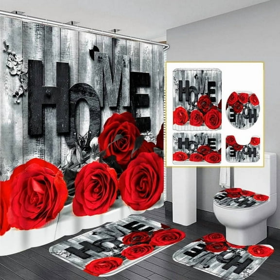 Wooden Rose Theme Home Shower Curtain Set, Includes 72x72-inch Shower Curtain, U-Shaped Toilet Seat Cover, Non-Slip Bath Mat, and 12 Hooks