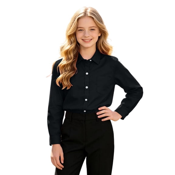 Boys' Girls' Long‑Sleeve Collared Button‑Up Dress Shirt,Kids School Uniform Top,9‑16Y