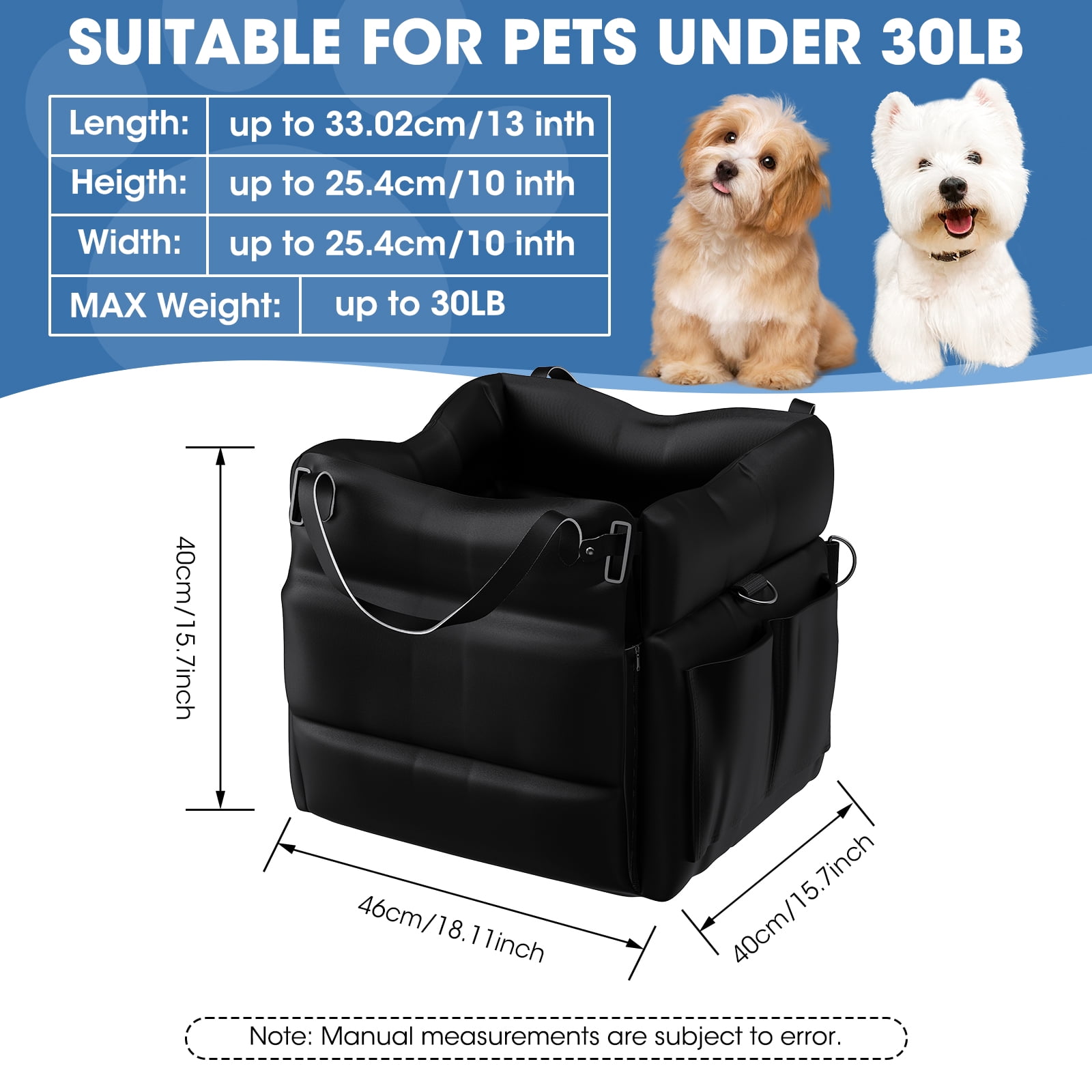 MQ Pet Car Seat, Waterproof Dog Car Bed with Removable Cover, Portable Dog Seat for Dogs Under 35 lbs for Travel and Home Use PU Leather Black