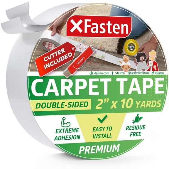 XFasten Carpet Tape with Box Cutter, White, 2" x 10 Yards, Heavy Duty Double Sided Tape