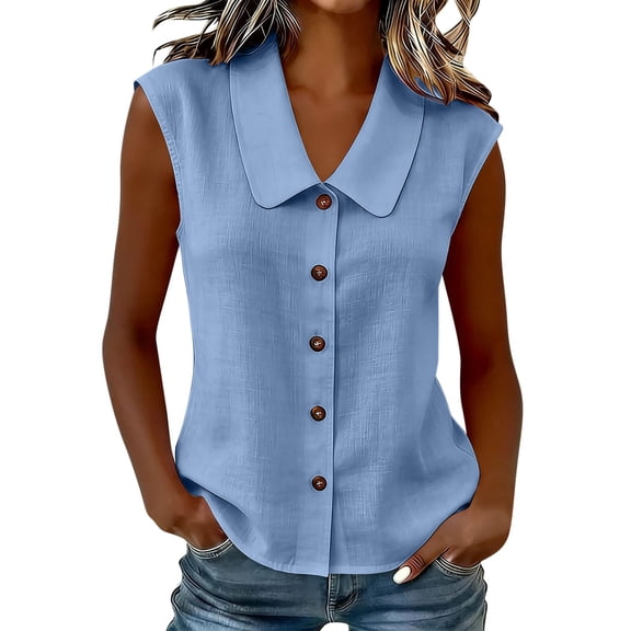 LNWUY Women's Wrinkle Free Sleeveless Button Down Shirts Blouses Solid Color Business Casual Loose Tank Tops for Work Blue XXXL